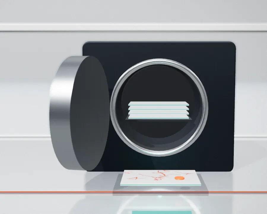 A vault stands open on a stack of backup sheets, and a printed sheet marked with the orange seal lies on a tray below it.