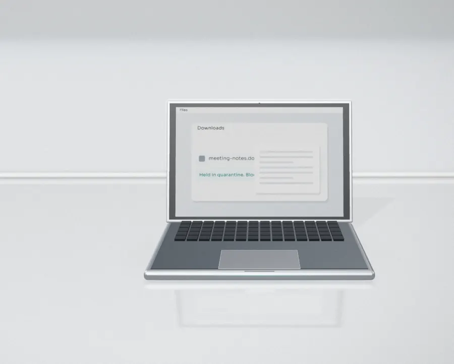 A laptop shows a downloads window in which one file is marked as held in quarantine.