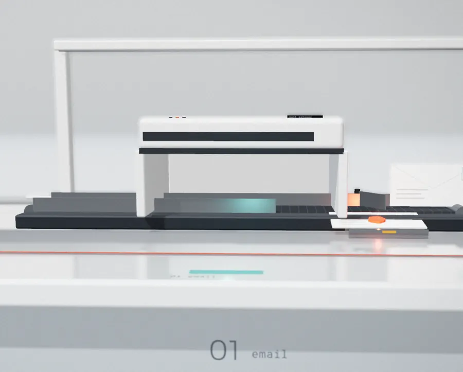A white mail scanner stands over a belt. The envelope sealed with orange wax has been pushed off the belt into a tray, and a plain envelope is carrying on.