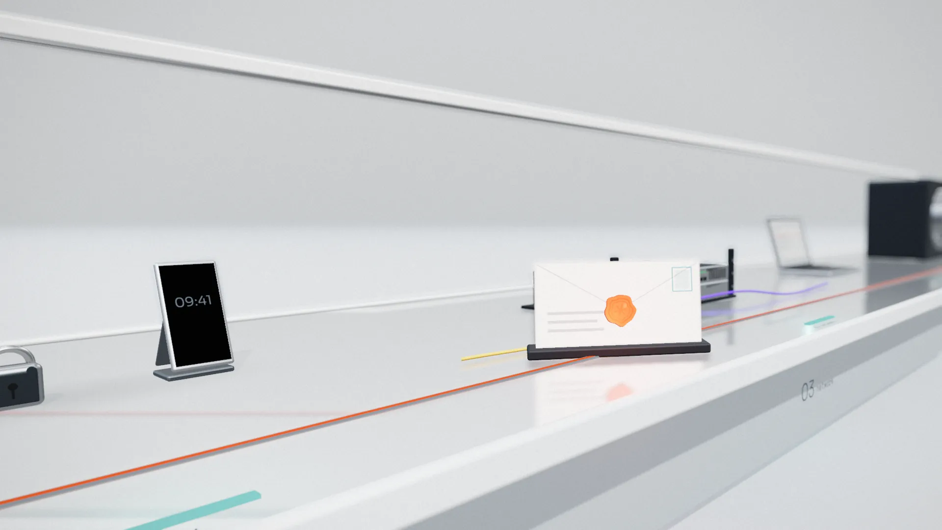 A sealed envelope with an orange wax seal stands in a letter rack on the bench's orange route, with a firewall and a laptop further along the pale lab bench.