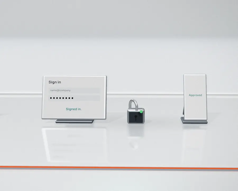 A sign-in tablet shows a typed password and the word signed in, a padlock beside it has a green light, and a phone beside that says approved.