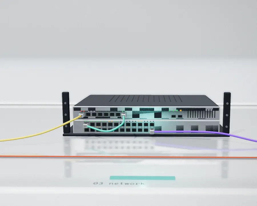 A firewall sits on top of a network switch with coloured cables plugged into both.