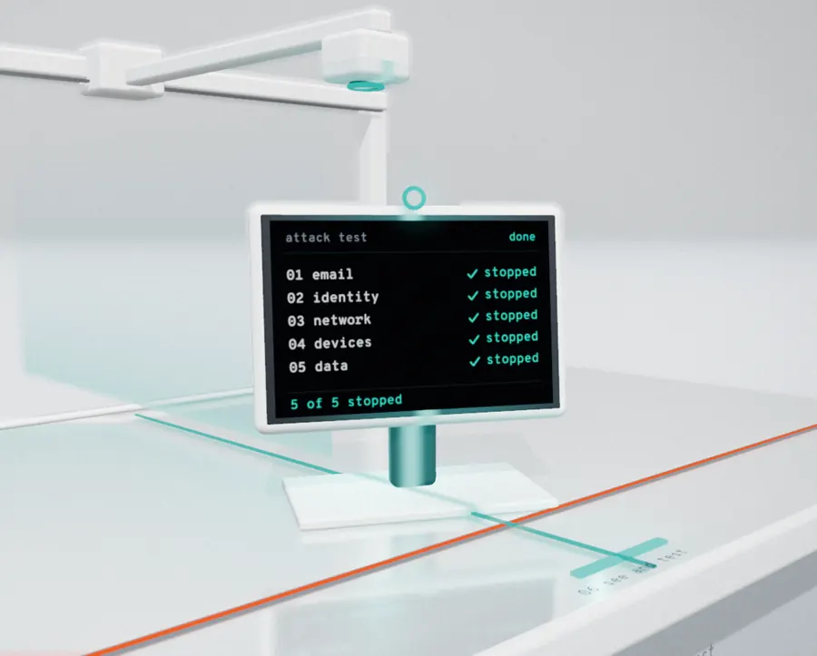 A screen on a stand lists the five layers, each with a green tick and the word stopped, under a gantry whose scan head has laid a thin sheet of light across the bench.